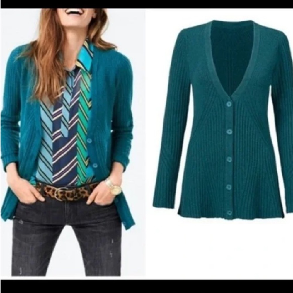 Cabi Teal Long-line V neck Cardigan, size S (fits M Tall)